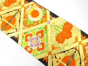 アンティーク　斜め格子に菊・桐・蝶模様織り出し袋帯（着用可）